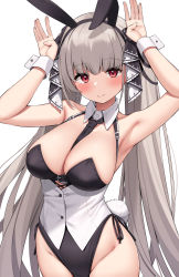 Rule 34 | 1girl, absurdres, animal ears, armpits, arms up, azur lane, bare arms, between breasts, blonde hair, blush, breasts, buckle, cleavage, collar, covered erect nipples, detached collar, fake animal ears, fake tail, formidable (azur lane), grey hair, groin, hair ribbon, highres, large breasts, leotard, long hair, looking at viewer, necktie, necktie between breasts, playboy bunny, rabbit ears, rabbit pose, rabbit tail, red eyes, ribbon, smile, solo, suiroh (shideoukami), tail, thighs, twintails, very long hair, white background, white collar, wrist cuffs