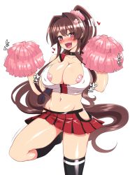 Rule 34 | 10s, 1girl, :d, areola slip, blush, breasts, brown hair, cheerleader, choker, cleavage, covered erect nipples, groin, hanauna, heart, heart-shaped pupils, highres, kantai collection, large breasts, long hair, looking at viewer, midriff, navel, open mouth, pasties, pink eyes, pom pom (cheerleading), ponytail, smile, solo, symbol-shaped pupils, very long hair, yamato (kancolle)