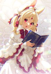 Rule 34 | 1girl, aldin nicola, animal ear fluff, animal ears, beret, blonde hair, book, bow, capelet, commentary request, dress, forehead jewel, hair bow, hat, highres, holding, holding book, indie virtual youtuber, mamyouda, open book, open mouth, rabbit ears, red bow, red eyes, short eyebrows, solo, thick eyebrows, twintails, virtual youtuber, white capelet, white dress, white hat
