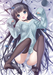Rule 34 | animal ears, aran sweater, black hair, black thighhighs, blue bow, blue eyes, blue sweater, blush, bow, cable knit, cat ears, cat tail, full body, hair bow, hashimoto takashi, long hair, looking at viewer, lying, no shoes, on back, open mouth, original, panties, solo, sweater, tail, thighhighs, underwear, white panties, yarn