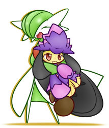 Rule 34 | closed eyes, concave, cosplay, creatures (company), eating, food, food focus, game freak, gardevoir, gen 3 pokemon, gen 4 pokemon, green hair, hat, holding, horns, mawile, mismagius, mismagius (cosplay), nintendo, no humans, pokemon, pokemon (creature), red eyes, simple background, single horn, smile, white hair, witch, witch hat