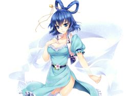 Rule 34 | 1girl, blue dress, blue eyes, blue hair, breasts, cleavage, dress, female focus, flower, game cg, garter straps, hair ornament, hair rings, hair stick, hand on own chest, kaku seiga, large breasts, matching hair/eyes, riv (rivleaf), shawl, short hair, solo, thighhighs, touhou, transparent background, vest, white thighhighs