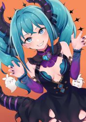 Rule 34 | &gt; &lt;, 1boy, 2girls, absurdres, bare shoulders, black dress, blue eyes, blue hair, blush stickers, brooch, claw pose, commentary, cowboy shot, detached sleeves, dragon horns, dragon tail, dress, ghost, grin, halloween, hatsune miku, heart, heart brooch, highres, horns, jewelry, jitome, kagamine len, kagamine rin, long hair, looking at viewer, mani m, multiple girls, nail polish, orange background, purple nails, purple sleeves, sharp teeth, sleeveless, sleeveless dress, smile, tail, teeth, torn clothes, torn dress, twintails, v-shaped eyebrows, vocaloid