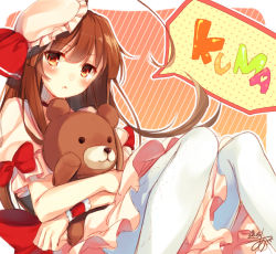 Rule 34 | 1girl, :&lt;, ahoge, alternate costume, brown eyes, brown hair, cosplay, hat, kantai collection, kuma (kancolle), long hair, looking at viewer, mob cap, pantyhose, pleated skirt, remilia scarlet, remilia scarlet (cosplay), signature, skirt, solo, speech bubble, stuffed animal, stuffed toy, teddy bear, toosaka asagi, touhou, white pantyhose, wrist cuffs
