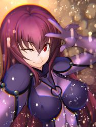 Rule 34 | 1girl, ;), bodysuit, breasts, doomblade, covered erect nipples, fate/grand order, fate (series), highres, long hair, looking at viewer, one eye closed, purple bodysuit, purple hair, red eyes, scathach (fate), scathach (fate), smile, solo, w