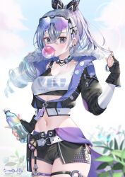 Rule 34 | 1girl, black gloves, black jacket, black shorts, bottle, breasts, blowing bubbles, choker, cleavage, commentary request, cowboy shot, crop top, cropped jacket, eyewear on head, fingerless gloves, fur-trimmed jacket, fur trim, gloves, grey eyes, grey hair, hand up, holding, holding bottle, honkai: star rail, honkai (series), jacket, long hair, long sleeves, looking at viewer, midriff, natsume koji, navel, ponytail, shirt, short shorts, shorts, silver wolf (honkai: star rail), single-shoulder shirt, small breasts, solo, standing, stomach, sunglasses, thigh strap, water bottle, white shirt