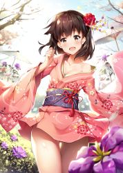 Rule 34 | 1girl, :d, backlighting, bare tree, blue sky, blurry, blurry background, blurry foreground, breasts, brown eyes, brown hair, cleavage, collarbone, day, depth of field, floral print, flower, hair flower, hair ornament, hand up, highres, japanese clothes, kimono, lens flare, long sleeves, looking at viewer, obi, off shoulder, oil-paper umbrella, open mouth, original, outdoors, petals, pink kimono, print kimono, purple flower, red flower, red ribbon, red rose, ribbon, rose, sash, shiny skin, short hair, short kimono, shuffle (songdatiankong), single bare shoulder, sky, small breasts, smile, solo, standing, sunlight, tareme, thigh gap, thighs, tree, umbrella, wide sleeves