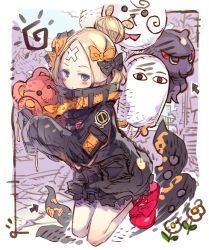 Rule 34 | 1girl, abigail williams (fate), abigail williams (traveling outfit) (fate), arrow (symbol), black bow, black jacket, blonde hair, blue eyes, blush, bow, closed mouth, commentary request, crossed bandaids, fate/grand order, fate (series), flower, fou (fate), hair bow, hair bun, haku (sabosoda), jacket, kneeling, long hair, long sleeves, looking at viewer, medjed (fate), hugging object, official alternate costume, orange bow, parted bangs, polka dot, polka dot bow, red bow, red footwear, shoes, single hair bun, sketch, sleeves past fingers, sleeves past wrists, solo, stuffed animal, stuffed toy, teddy bear, tentacles, white flower