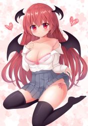 Rule 34 | 1girl, absurdres, bare shoulders, black thighhighs, blush, bow, bow bra, bra, breasts, commentary request, demon wings, floral background, grey skirt, hair between eyes, hand on own chest, head wings, heart, highres, koakuma, large breasts, long hair, long sleeves, looking at viewer, miniskirt, no shoes, off shoulder, panties, pink bra, pink panties, pleated skirt, red eyes, red hair, shirt, side-tie panties, sitting, skindentation, skirt, smile, solo, strap slip, suigetsu (watermoon-910), thighhighs, thighs, touhou, underwear, very long hair, wariza, white shirt, wings