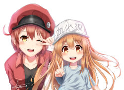 Rule 34 | 2girls, ae-3803, ahoge, baseball cap, bent over, black shirt, blue shirt, blush, brown eyes, brown hair, cabbie hat, collarbone, commentary, hair between eyes, hat, hat writing, hataraku saibou, headwear writing, jacket, leaning forward, long hair, looking at viewer, multiple girls, one eye closed, open clothes, open jacket, open mouth, platelet (hataraku saibou), red blood cell (hataraku saibou), red hair, red headwear, red jacket, shirt, short hair, short sleeves, side-by-side, simple background, smile, t-shirt, translated, upper body, v, v over eye, very long hair, white background, white headwear, youthpaint