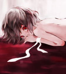 Rule 34 | bad id, bad pixiv id, bare shoulders, brown hair, covering own mouth, fukahire (ruinon), looking at viewer, lying, nude, red eyes, short hair, solo