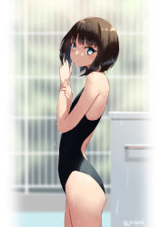 Rule 34 | 1girl, black hair, black one-piece swimsuit, blue eyes, bob cut, commentary request, competition swimsuit, cowboy shot, fence, flat chest, jonsun, looking at viewer, one-piece swimsuit, original, short hair, solo, standing, swimsuit, wet