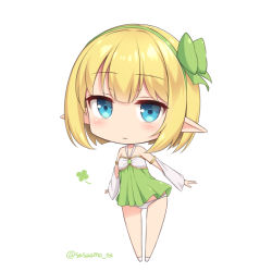 Rule 34 | 1girl, :|, blonde hair, blue eyes, blush, bob cut, bow, bow hairband, chibi, closed mouth, detached sleeves, dress, full body, green bow, green dress, green hairband, hair bow, hairband, long sleeves, looking at viewer, medium hair, original, panties, pointy ears, sasaame, short dress, simple background, solo, twitter username, underwear, white background, white panties