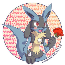 Rule 34 | 1boy, 2009, :3, animal ears, animal hands, black fur, blue fur, blush, blush stickers, body fur, character name, cowboy shot, creatures (company), english text, fang, flower, furry, furry male, game freak, gen 4 pokemon, hand up, happy, holding, holding flower, lucario, male focus, motion lines, nintendo, open mouth, outline, outside border, pokemon, pokemon (creature), red eyes, red flower, red rose, rose, round image, smile, snout, solo, spikes, standing, tail, tail wagging, tsuji, white outline, wolf boy, wolf ears, wolf tail, yellow fur