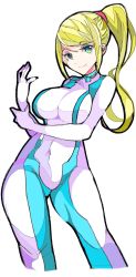 Rule 34 | 1girl, blonde hair, blue eyes, bodysuit, breasts, closed mouth, covered navel, enpe, highres, large breasts, long hair, metroid, mole, mole under mouth, nintendo, ponytail, samus aran, simple background, smile, solo, super smash bros., white background, white bodysuit, zero suit
