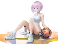 Rule 34 | 1girl, ass, ball, bare shoulders, basketball, basketball (object), basketball court, blunt bangs, bob cut, bra, breasts, closed mouth, expressionless, full body, highres, large breasts, looking at viewer, midriff, nike (company), original, product placement, purple eyes, purple hair, shiny floor, shoes, short hair, short shorts, shorts, sitting, sneakers, socks, solo, sports bra, sportswear, sthk, thermos, thighs, underwear, white bra, white footwear, white shorts, white socks
