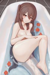 Rule 34 | 1girl, absurdres, ass, bathing, bathtub, blush, breasts, brown hair, completely nude, dolri, genshin impact, highres, hu tao (genshin impact), long hair, looking at viewer, medium breasts, nude, red eyes, smile, solo, thighs, twintails, water, wet