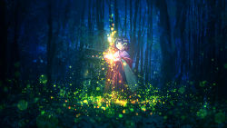 Rule 34 | 1girl, blue hair, bug, firefly, forest, glowing, hair ornament, insect, light particles, long sleeves, nature, night, original, outdoors, scenery, short hair, shoujou (illust primete), shrine, solo, tree, wide sleeves