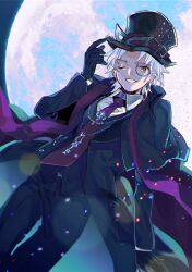 Rule 34 | 1boy, absurdres, amakusa shirou (fate), amakusa shirou (phantom thief) (fate), arm at side, black capelet, black gloves, black hat, black jacket, black pants, black suit, black vest, capelet, chromatic aberration, cowboy shot, dark-skinned male, dark skin, domino mask, dutch angle, earrings, fate/grand order, fate (series), formal, full moon, gloves, hand on headwear, hand up, hat, highres, jacket, jewelry, lens flare, long sleeves, looking at viewer, male focus, mask, mask on hat, monocle, moon, necklace, necktie, night, one eye closed, open mouth, outdoors, pants, parted bangs, purple necktie, shirt, short hair, smile, solo, soraharu (mojatta), stole, suit, top hat, vest, white hair, white shirt, yellow eyes