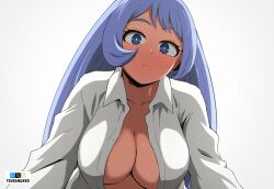 1girl artist_name blue_eyes blue_hair boku_no_hero_academia breasts closed_mouth fanbox_logo hadou_nejire large_breasts long_hair looking_at_viewer open_clothes open_shirt pixiv_logo shirt simple_background solo sweat tsuranukko twitter_x_logo white_background white_shirt