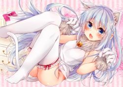 Rule 34 | 10s, 1girl, :o, alternate costume, animal ears, ass, bare shoulders, bell, blue eyes, blue hair, blush, bottomless, bow, breasts, cat ears, cat tail, commentary request, frilled thighhighs, frills, fur-trimmed gloves, fur trim, gloves, hibiki (kancolle), jingle bell, kantai collection, legs up, long hair, looking at viewer, lying, no shoes, on back, paw pose, pink bow, red ribbon, ribbon, rouka (akatyann), shelf, shiny skin, sleeveless, small breasts, solo, striped, striped background, tail, thighhighs, thighs, tsurime, vertical stripes, very long hair, white thighhighs