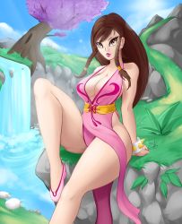 Rule 34 | 1girl, alternate color, alternate costume, alternate hairstyle, bare shoulders, breasts, brown eyes, brown hair, capcom, china dress, chinese clothes, chun-li, cleavage, curvy, dress, highres, large breasts, long hair, looking at viewer, pink dress, player 2, sitting, solgryn, solo, street fighter, street fighter v, thick thighs, thighs, wide hips