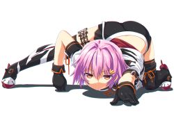 Rule 34 | 1girl, all fours, ass, black gloves, brown eyes, commentary request, dd (ijigendd), full body, gloves, hair ornament, hairclip, kantai collection, looking at viewer, purple hair, rudder footwear, school uniform, serafuku, shoes, short hair, short sleeves, shorts, simple background, skirt, solo, tama (kancolle), tama kai ni (kancolle), thigh strap, thighhighs, white background