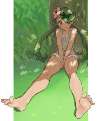 Rule 34 | 1girl, bare legs, bare shoulders, barefoot, between legs, breasts, cleavage, collarbone, commentary request, creatures (company), day, eyelashes, feet, flower, foot focus, foreshortening, game freak, grass, green eyes, green hair, grey shorts, hair flower, hair ornament, hair over one eye, hand between legs, hori shin, legs, long hair, looking at viewer, mallow (pokemon), nintendo, on ground, one eye covered, outdoors, overall shorts, overalls, pink flower, pokemon, pokemon sm, shadow, short shorts, shorts, small breasts, smile, soles, solo, spread toes, swept bangs, toenails, toes, torn clothes, torn shorts, twintails, wiggling toes
