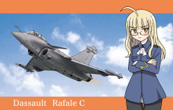 Rule 34 | 1girl, ahoge, air-to-surface missile, aircraft, airplane, ascot, beyond-visual-range missile, canards, cloud, crossed arms, dassault rafale, day, delta wing, frown, glasses, highres, hoshino banchou, keygift, meteor (missile), military, military uniform, pantyhose, perrine h. clostermann, sky, solo, strike witches, uniform, vehicle focus, world witches series
