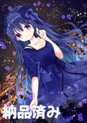 Rule 34 | 1girl, blue dress, blue hair, blush, breasts, closed mouth, collarbone, copyright request, dress, frilled dress, frills, hair between eyes, hand up, heterochromia, long hair, looking at viewer, nanase nao, official art, petals, puffy short sleeves, puffy sleeves, purple eyes, purple ribbon, red eyes, ribbon, short sleeves, small breasts, smile, solo, translation request, very long hair