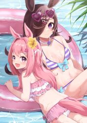 Rule 34 | 2girls, alternate costume, animal ears, bikini, black hair, blue bow, blue eyes, blush, bow, breasts, closed mouth, commentary request, flower, frilled bikini, frills, hair between eyes, hair flower, hair ornament, hair over one eye, hairclip, haru urara (umamusume), hibiscus, highres, horse ears, horse tail, innertube, jewelry, kimukichi 0224, leaf, looking at viewer, multiple girls, navel, necklace, ocean, open mouth, pink hair, purple eyes, rice shower (umamusume), small breasts, smile, swim ring, swimsuit, tail, umamusume, wet
