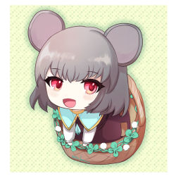 Rule 34 | 1girl, :d, animal ears, basket, blouse, blush, border, chibi, chidori nekoro, commentary request, crystal, dotted background, dress, full body, green background, grey dress, grey hair, jewelry, long sleeves, looking at viewer, mouse ears, mouse girl, nazrin, open mouth, pendant, red eyes, shirt, short hair, smile, solo, touhou, white border, white shirt