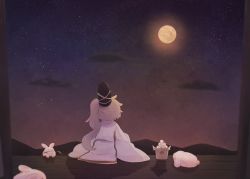 Rule 34 | 1girl, ashiyu (ashu-ashu), cloud, cloudy sky, commentary request, facing viewer, food, grey hair, hat, japanese clothes, kariginu, long hair, long sleeves, looking away, mochi, mononobe no futo, moon, moonlight, mouth hold, night, night sky, ponytail, rabbit, sitting, sky, solo, star (sky), starry sky, tate eboshi, touhou, wheat grass, wide sleeves, wooden floor