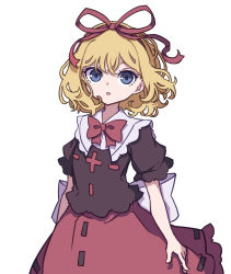 Rule 34 | 1girl, blonde hair, blue eyes, bow, bubble skirt, frilled shirt, frilled shirt collar, frilled sleeves, frills, highres, kame (kamepan44231), medicine melancholy, puffy short sleeves, puffy sleeves, red bow, red neckwear, red ribbon, ribbon, shirt, short hair, short sleeves, simple background, skirt, solo, touhou, wavy hair, white background