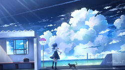 1girl artist_name bag black_cat black_hair black_skirt blue_sky bottle brown_footwear bus_stop bus_stop_sign cat cloud commentary_request contrail cumulonimbus_cloud curled_fingers day endlesscat from_behind full_body highres holding holding_bottle horizon light_rays lighthouse medium_skirt neckerchief ocean original outdoors outstretched_arms pleated_skirt power_lines ramune scenery school_uniform serafuku shirt short_hair short_sleeves skirt sky socks solo standing white_shirt wide_shot