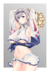 Rule 34 | 1girl, absurdres, anchor, armlet, arms behind head, arms up, azur lane, azurcentauri, bare shoulders, black hairband, border, breasts, cheerleader, commentary, covered erect nipples, cowboy shot, crop top, grey background, grey hair, groin, hair between eyes, hairband, highres, holding, holding pom poms, large breasts, looking at viewer, midriff, miniskirt, navel, panties, pantyshot, pom pom (cheerleading), pom poms, purple eyes, purple sash, reno (azur lane), reno (biggest little cheerleader) (azur lane), sash, see-through, see-through skirt, see-through sleeves, shirt, short hair, sidelocks, simple background, skirt, sleeveless, smile, solo, standing, underboob, underwear, upper body, white border, white panties, wind, wind lift