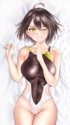 Rule 34 | 1girl, ;), absurdres, ahoge, azur lane, bad id, bad pixiv id, baltimore (azur lane), bare shoulders, bed sheet, black one-piece swimsuit, blush, braid, breasts, brown hair, cameltoe, closed mouth, collarbone, commentary, competition swimsuit, covered navel, cowboy shot, dakimakura (medium), french braid, groin, hair between eyes, hands up, highres, index finger raised, large breasts, looking at viewer, lying, multicolored clothes, multicolored swimsuit, on back, one-piece swimsuit, one eye closed, shadow, short hair, sidelocks, smile, solo, swimsuit, taut clothes, taut swimsuit, twitter username, wet, wet clothes, wet swimsuit, yayanri, yellow eyes
