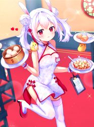 Rule 34 | 1girl, absurdres, alternate costume, alternate hairstyle, animal ears, azur lane, baozi, bird, blurry, breasts, carrying, chair, chick, china dress, chinese clothes, cleavage, collarbone, commentary request, depth of field, detached collar, double bun, dress, dumpling, fake animal ears, food, hair bun, hair ornament, high heels, highres, kyarameru76, laffey (azur lane), long hair, looking at viewer, manjuu (azur lane), mapo tofu, menu, name tag, parted lips, pen, plate, rabbit ears, red eyes, red footwear, restaurant, sidelocks, small breasts, spoon, thighhighs, translation request, tray, twintails, walking, white hair, white thighhighs, wrist cuffs, zettai ryouiki