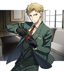 Rule 34 | 1boy, black gloves, blonde hair, blue eyes, closed mouth, collared shirt, commentary, desk, formal, gloves, green jacket, green pants, green suit, green vest, gun, handgun, holding, holding gun, holding weapon, indoors, jacket, looking to the side, male focus, necktie, nyoro (nyoronyoro000), pants, picture frame, red necktie, shirt, solo, spy x family, suit, suit jacket, trigger discipline, twilight (spy x family), vest, weapon, weapon request, white shirt, window