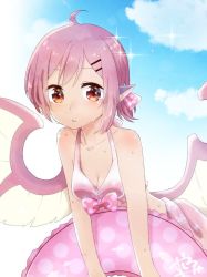 Rule 34 | 1girl, abe suke, ahoge, animal ears, bare arms, bikini, bikini top only, bird wings, bow, breasts, brown eyes, brown hair, cleavage, cloud, commentary request, day, holding, innertube, leaning forward, looking at viewer, mystia lorelei, outdoors, parted lips, pink bikini, pink bow, pink hair, polka dot, polka dot bow, sarong, signature, small breasts, solo, sparkle, sweat, swim ring, swimsuit, tan, touhou, upper body, wings