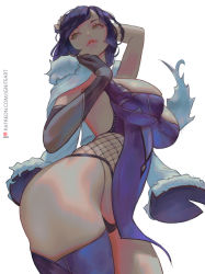 Rule 34 | 1girl, black gloves, blue hair, breasts, brown eyes, cleavage, elbow gloves, feather-trimmed jacket, genshin impact, gloves, ignite (artist), jacket, large breasts, lips, looking to the side, patreon username, short hair, simple background, solo, thighs, white background, yelan (genshin impact)