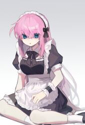 Rule 34 | 1girl, absurdres, alternate costume, apron, black bow, black dress, black footwear, black ribbon, black wristband, blue eyes, bocchi the rock!, bow, collar, commentary, crossed bangs, detached collar, dress, enmaided, frilled apron, frilled wristband, frills, gotoh hitori, gradient background, hair between eyes, high heels, highres, long bangs, long hair, looking to the side, maid, maid headdress, one side up, p changgun, parted lips, pink hair, pumps, raised eyebrows, ribbon, shaded face, short sleeves, sitting, socks, solo, sweatdrop, twitter username, white apron, white background, white collar, white headdress, white socks, white wristband, yokozuwari