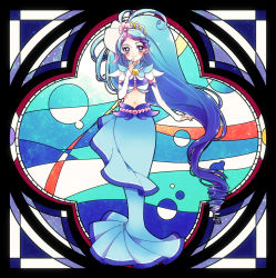 Rule 34 | 1girl, abstract background, absurdres, arm warmers, blue eyes, blue hair, blue skirt, blush, brooch, closed mouth, crop top, cure mermaid, cure mermaid (mode elegant), curly hair, full body, go! princess precure, highres, jewelry, kaidou minami, kuzumochi, long hair, long skirt, looking at viewer, magical girl, midriff, multicolored hair, navel, precure, purple hair, skirt, smile, solo, standing, streaked hair, thighs, two-tone hair, white sleeves