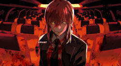 Rule 34 | 1girl, @ @, artist name, black jacket, black necktie, blood, blood on clothes, blood on face, blood splatter, chainsaw man, chair, closed mouth, collared shirt, creepy, eyebrows, female focus, fisheye, hair between eyes, jacket, kadeart, long hair, looking at viewer, makima (chainsaw man), necktie, pale skin, red hair, red theme, shirt, sidelocks, smile, solo, train interior, twitter username, watermark, white shirt, window, yellow eyes