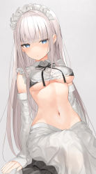Rule 34 | 1girl, absurdres, apron, bare shoulders, bikini, bikini top only, black bikini, black skirt, blue eyes, blunt bangs, breasts, clothes pull, detached collar, detached sleeves, frilled shirt collar, frills, frown, highres, long sleeves, maid, maid apron, maid headdress, medium breasts, midriff, navel, neck ribbon, original, parted lips, revealing clothes, ribbon, see-through, shaded face, sitting, skirt, skirt pull, solo, stomach, string bikini, swimsuit, underboob, v-shaped eyebrows, white hair, wing collar, zukan (db tyoutyo)