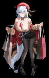 Rule 34 | 1girl, azur lane, bag, bare shoulders, belfast (azur lane), belfast (shopping with the head maid) (azur lane), between breasts, black background, black footwear, black skirt, blush, breasts, carrying bag, casual, choker, cleavage, closed eyes, earrings, embarrassed, hair between eyes, hat, highres, jewelry, jeze, large breasts, long hair, nervous smile, red scarf, ribbon, sash, scarf, sidelocks, skirt, smile, struggling, sweat, sweater, thighhighs, white hair