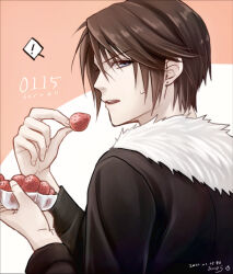 Rule 34 | !, 1boy, black jacket, blue eyes, bowl, brown hair, commentary request, dated, earrings, final fantasy, final fantasy viii, food, fruit, fur-trimmed jacket, fur trim, hands up, hiryuu (kana h), holding, holding bowl, holding food, holding fruit, jacket, jewelry, long sleeves, looking back, male focus, no gloves, open mouth, pink background, scar, scar on face, short hair, signature, simple background, solo, speech bubble, squall leonhart, strawberry, strawberry day, stud earrings, sweatdrop, translated, upper body