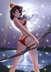 Rule 34 | 1girl, adsouto, arrow (projectile), artist name, ass, ass cutout, between buttocks, bikini, black hair, bow (weapon), breasts, broken moon, butt crack, cinder fall, clothing cutout, curvy, fireflies, from behind, glowing, glowing eyes, hair over one eye, highres, hip focus, holding, holding bow (weapon), holding weapon, keyhole bikini, lake, legs, legs apart, long hair, looking at viewer, looking back, medium breasts, moon, night, outdoors, red bikini, rwby, sky, smile, solo, standing, star (sky), starry sky, swimsuit, thighs, water, weapon, wide hips, wind, yellow eyes