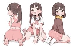 Rule 34 | 3girls, arm support, ass, bare legs, barefoot, breasts, brown eyes, brown hair, closed mouth, feet, female focus, from behind, highres, long sleeves, looking at viewer, looking back, multiple girls, opossumachine, original, pink shorts, pink skirt, pleated skirt, ponytail, scarf, school uniform, scrunchie, seiza, shirt, short hair, short sleeves, shorts, sideboob, sitting, skirt, sleeveless, smile, socks, soles, thighs, toes, tongue, tongue out, wariza, white shirt, white socks, yellow scarf