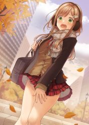 Rule 34 | 1girl, asymmetrical bangs, autumn, autumn leaves, bag, black jacket, blazer, blush, brown hair, cardigan, cloud, cropped legs, day, dutch angle, earmuffs, embarrassed, enpera, fringe trim, green eyes, hair ornament, highres, jacket, koto (colorcube), lamppost, long hair, neck ribbon, open clothes, open jacket, open mouth, original, outdoors, plaid, plaid scarf, plaid skirt, pleated skirt, red ribbon, red skirt, ribbon, scarf, school bag, school uniform, shirt, skirt, solo, standing, sweater, thighs, wavy mouth, white shirt, wind, wind lift